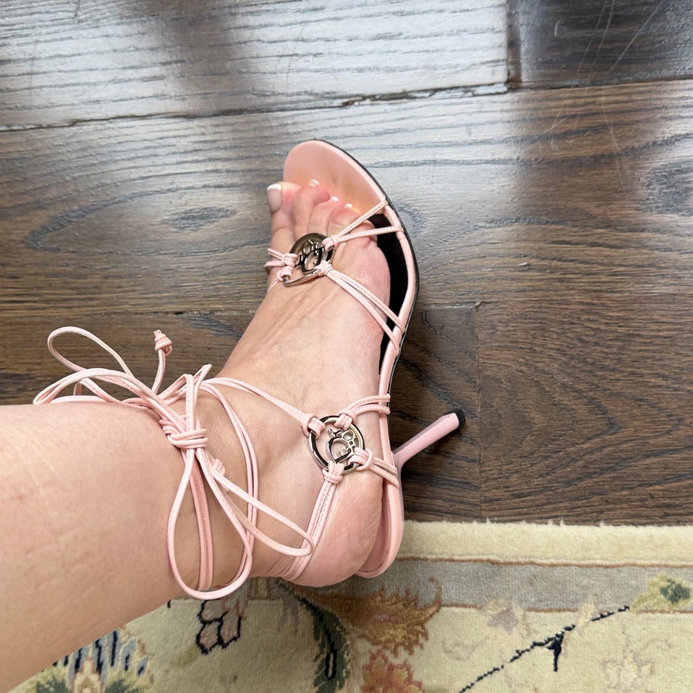 CHRISTIAN DIOR Sexy Vintage Pink Strappy Sandal Heel Silver Medallions Size 9 - Picture 10 of 13